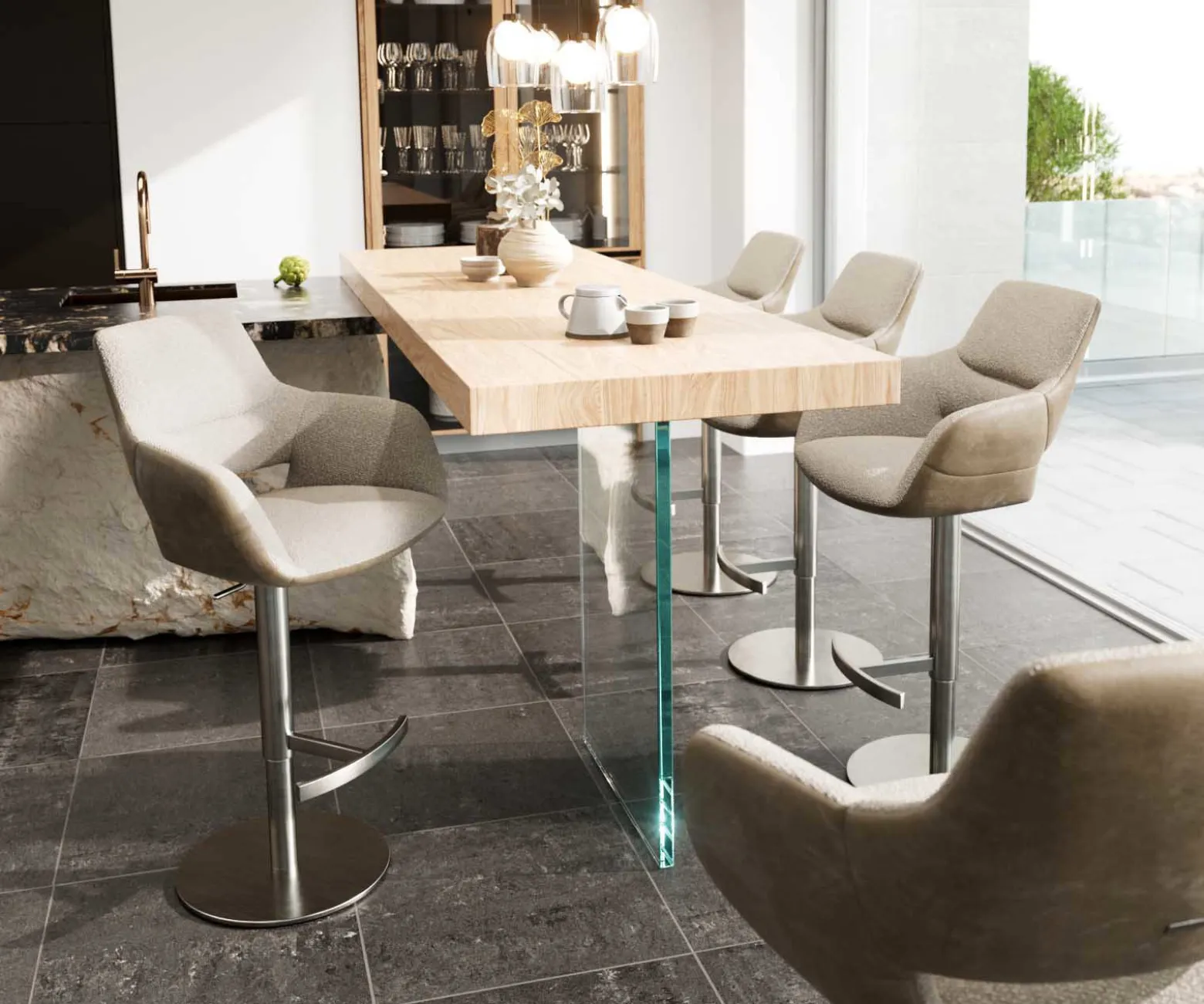 BarstuhlYago-Flex Materialmix Mikrofaser Schlamm / Bouclé Schlamm Drehfußhöhenverstellbar Edelstahl drehbar Taschenfederkern Sofort versandfertig