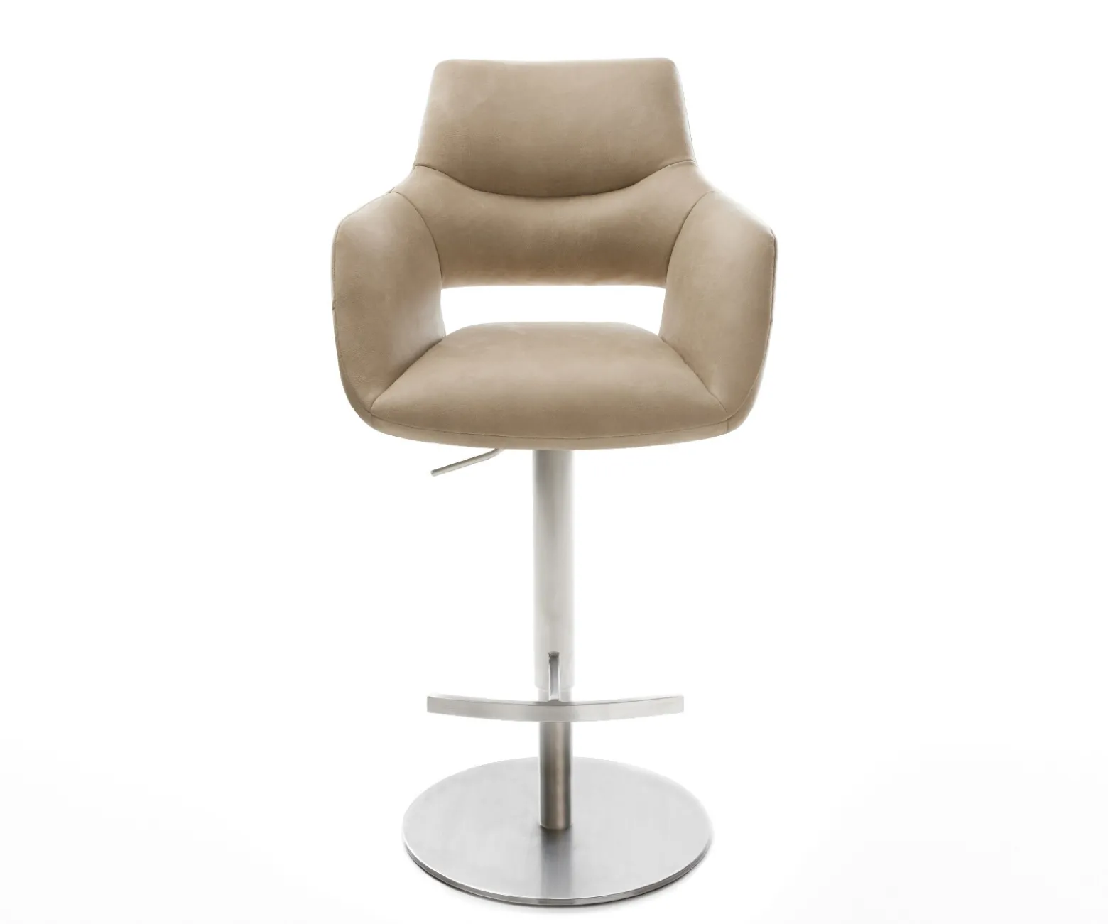 BarstuhlYago-Flex Mikrofaser Beige Vintage Drehfuß höhenverstellbar Edelstahl Silberfarben Taschenfederkern Sofort versandfertig