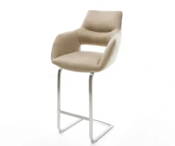 BarstuhlYago-Flex Mikrofaser Beige Vintage Freischwinger Flach Edelstahl Silberfarben Taschenfederkern Sofort versandfertig