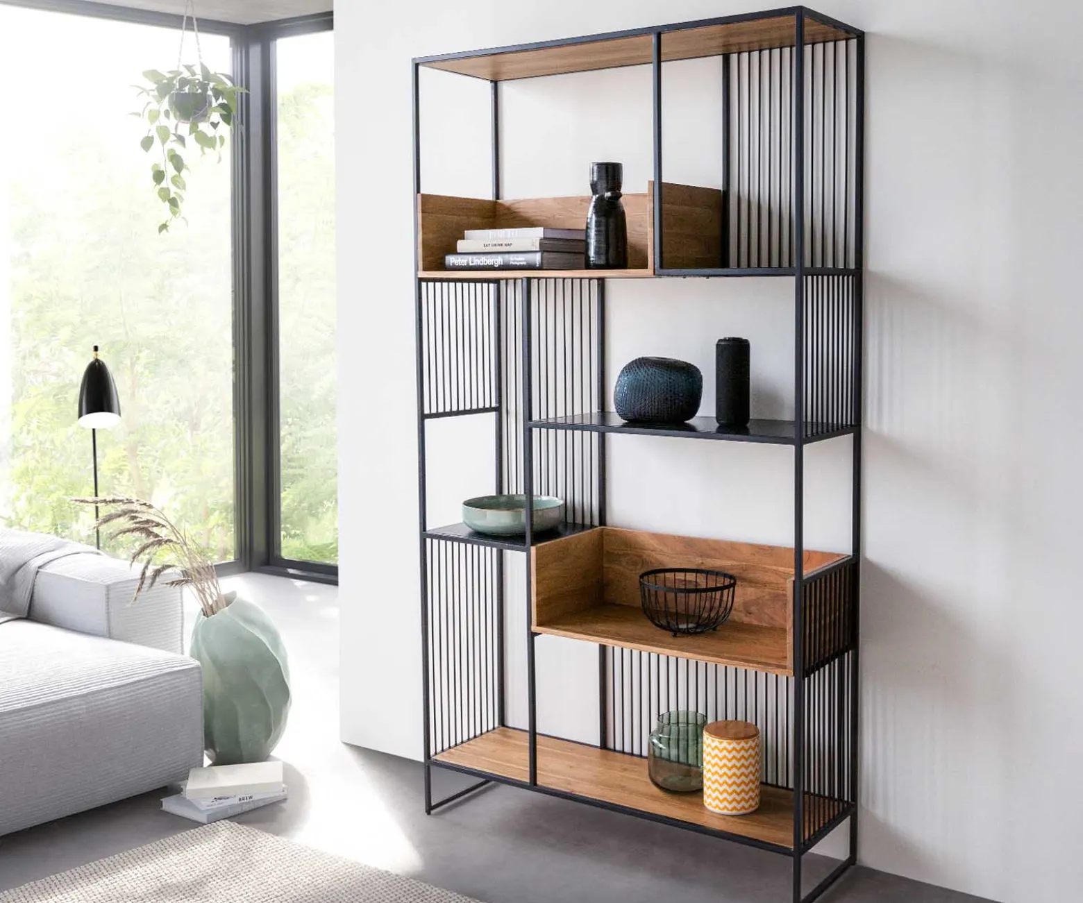 BücherregalLukeo 115x200 cm Akazie Natur Metall Schwarz Sofort versandfertig