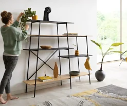 BücherregalMikkusu 185x160 cm Bambus Natur Mango Schwarz 5 Ablagen Metall Schwarz Versandfertig ca. 06.11.26