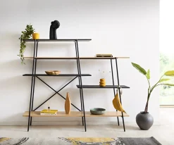 BücherregalMikkusu 185x160 cm Bambus Natur Mango Schwarz 5 Ablagen Metall Schwarz Versandfertig ca. 06.11.26