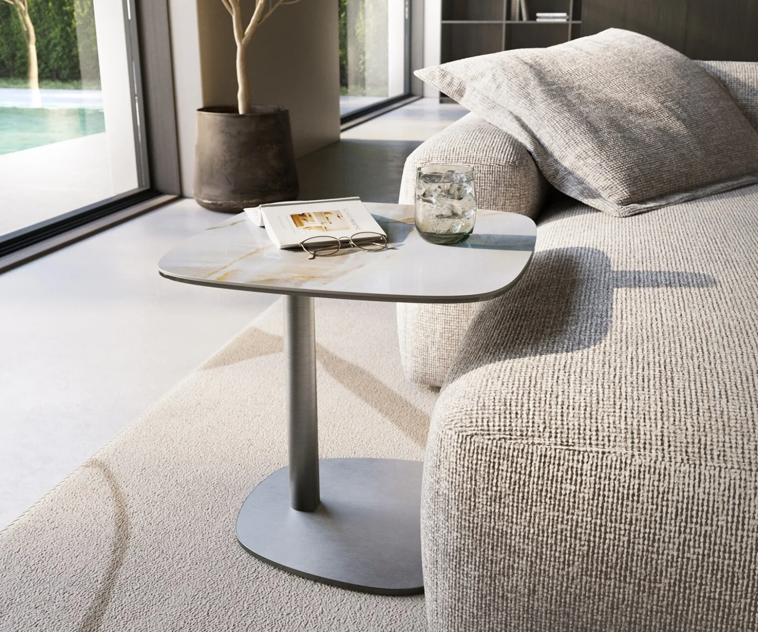 BeistelltischEdge Boot 50x50 cm Keramik Onyx Pearl Eleny Edelstahl gebürstet Sofort versandfertig