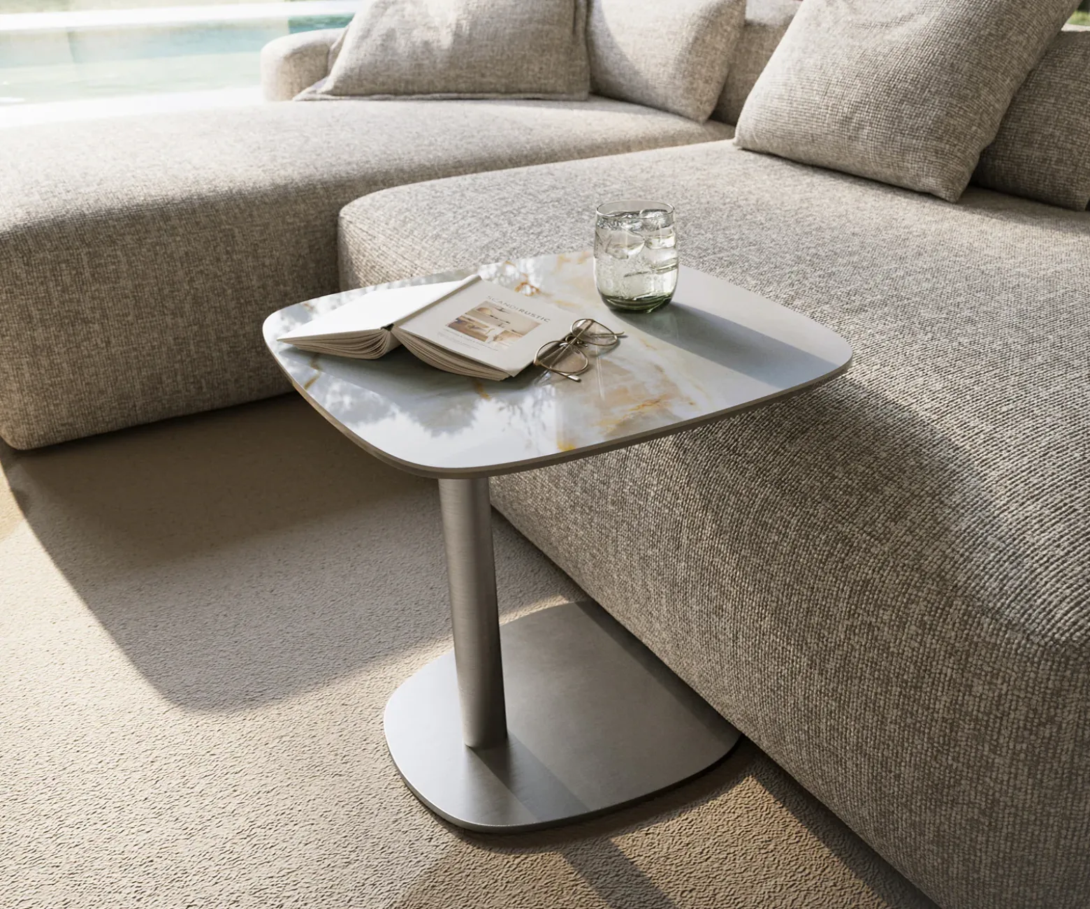 BeistelltischEdge Boot 50x50 cm Keramik Onyx Pearl Eleny Edelstahl gebürstet Sofort versandfertig