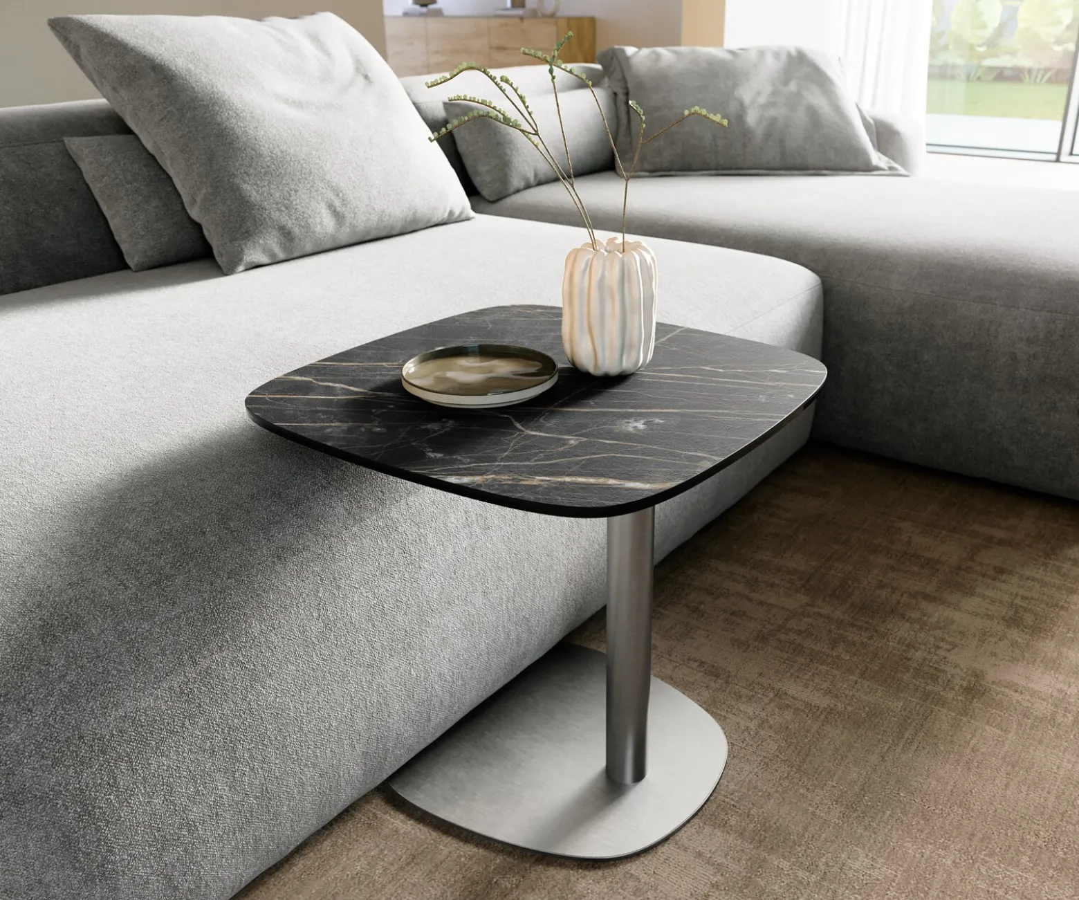 BeistelltischEdge Boot 50x50 cm Keramik Laminam® Noir Desir Braun Eleny Edelstahl gebürstet Sofort versandfertig