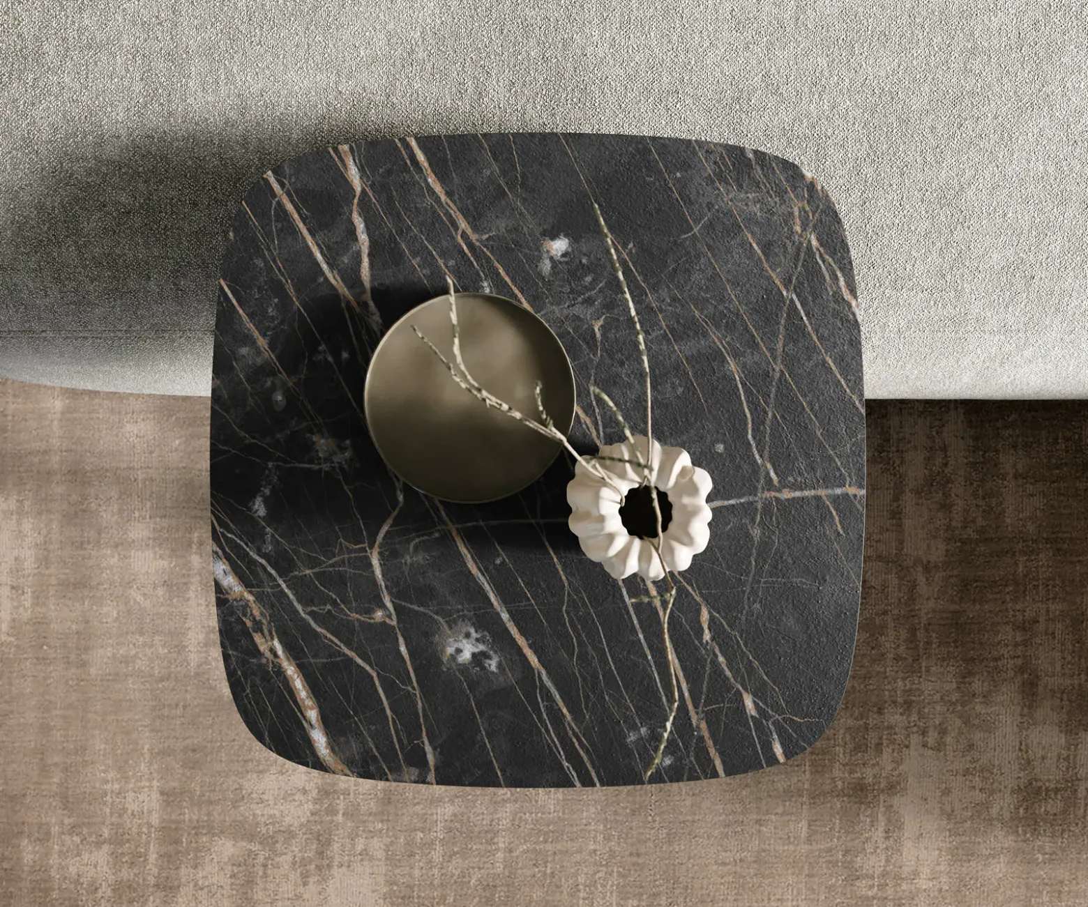 BeistelltischEdge Boot 50x50 cm Keramik Laminam® Noir Desir Braun Eleny Edelstahl gebürstet Sofort versandfertig