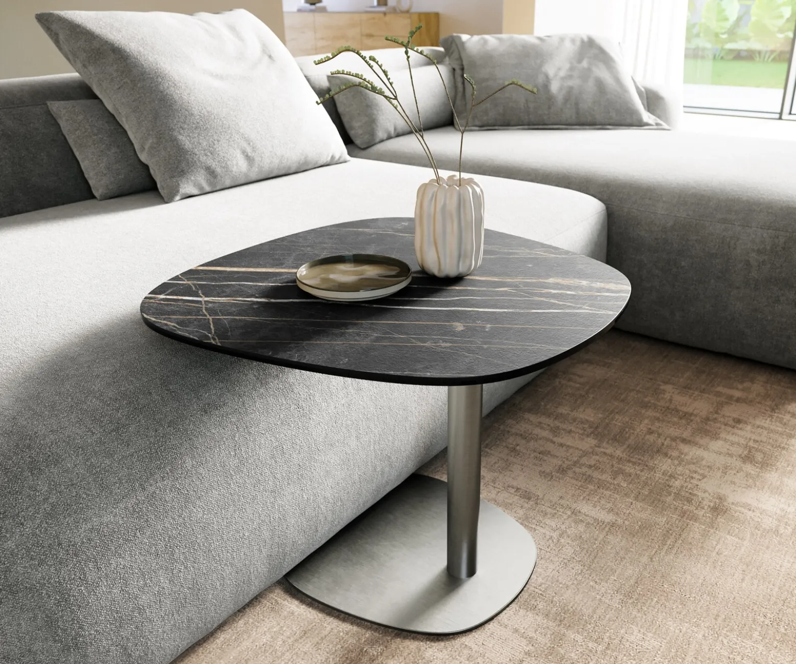 BeistelltischEdge Boot 60x60 cm Keramik Laminam® Noir Desir Braun Eleny Edelstahl gebürstet Sofort versandfertig
