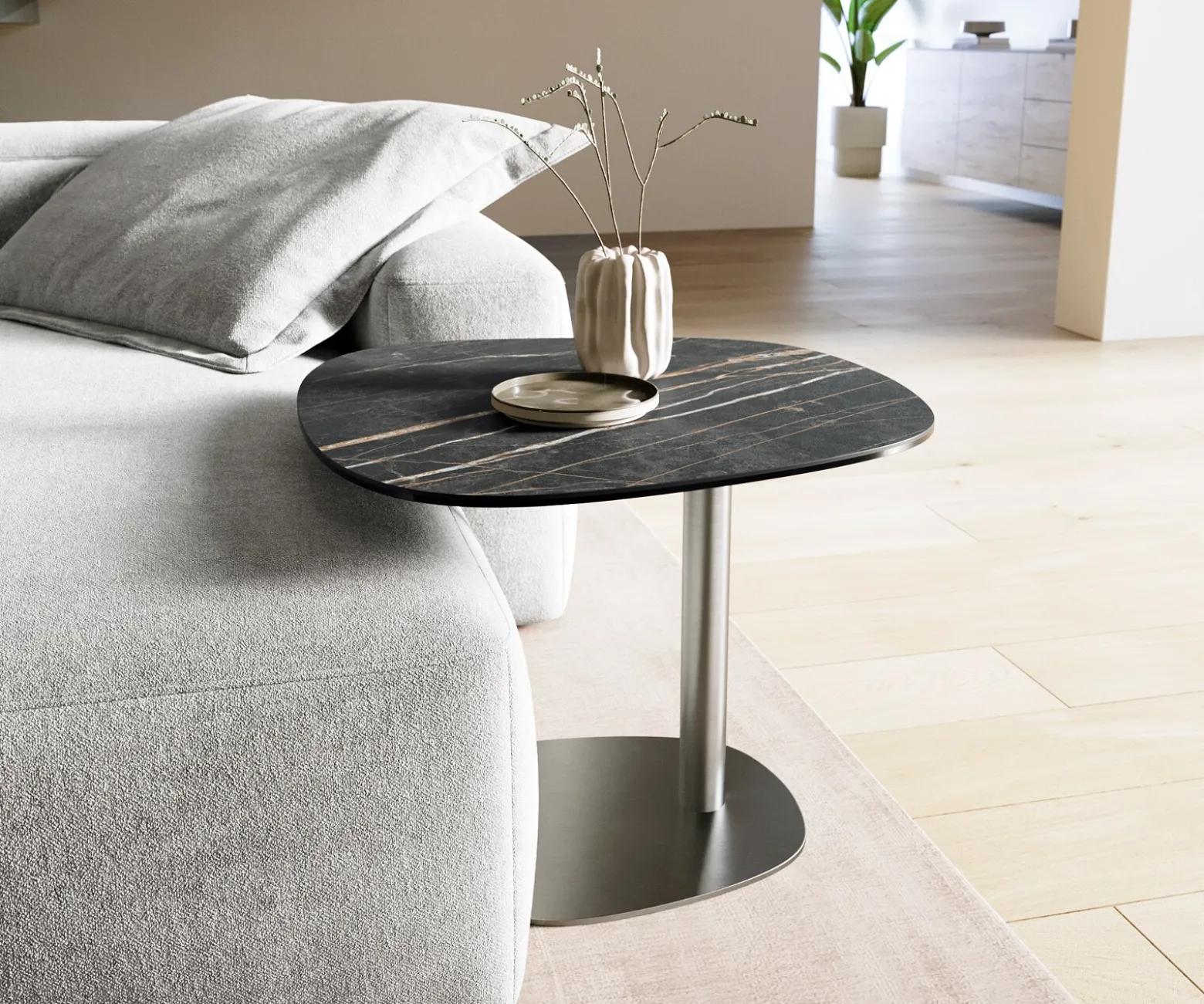 BeistelltischEdge Boot 60x60 cm Keramik Laminam® Noir Desir Braun Eleny Edelstahl gebürstet Sofort versandfertig