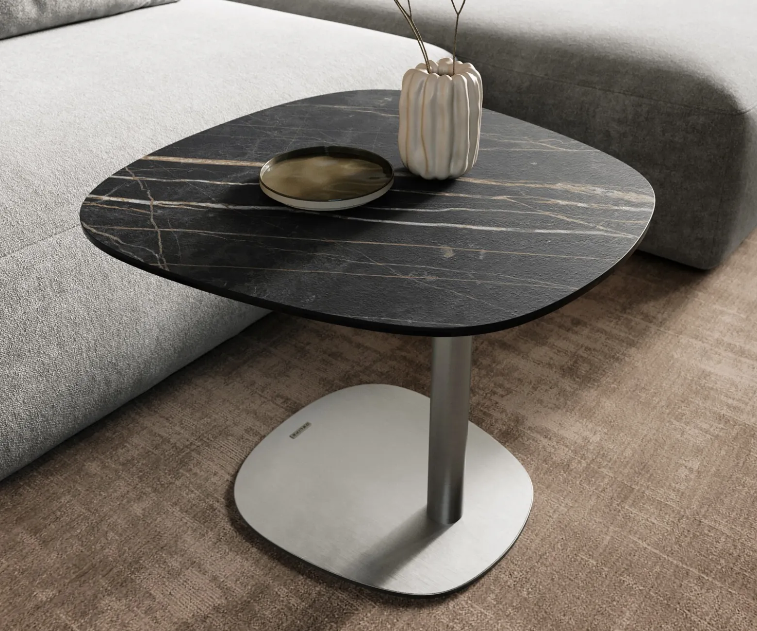 BeistelltischEdge Boot 60x60 cm Keramik Laminam® Noir Desir Braun Eleny Edelstahl gebürstet Sofort versandfertig