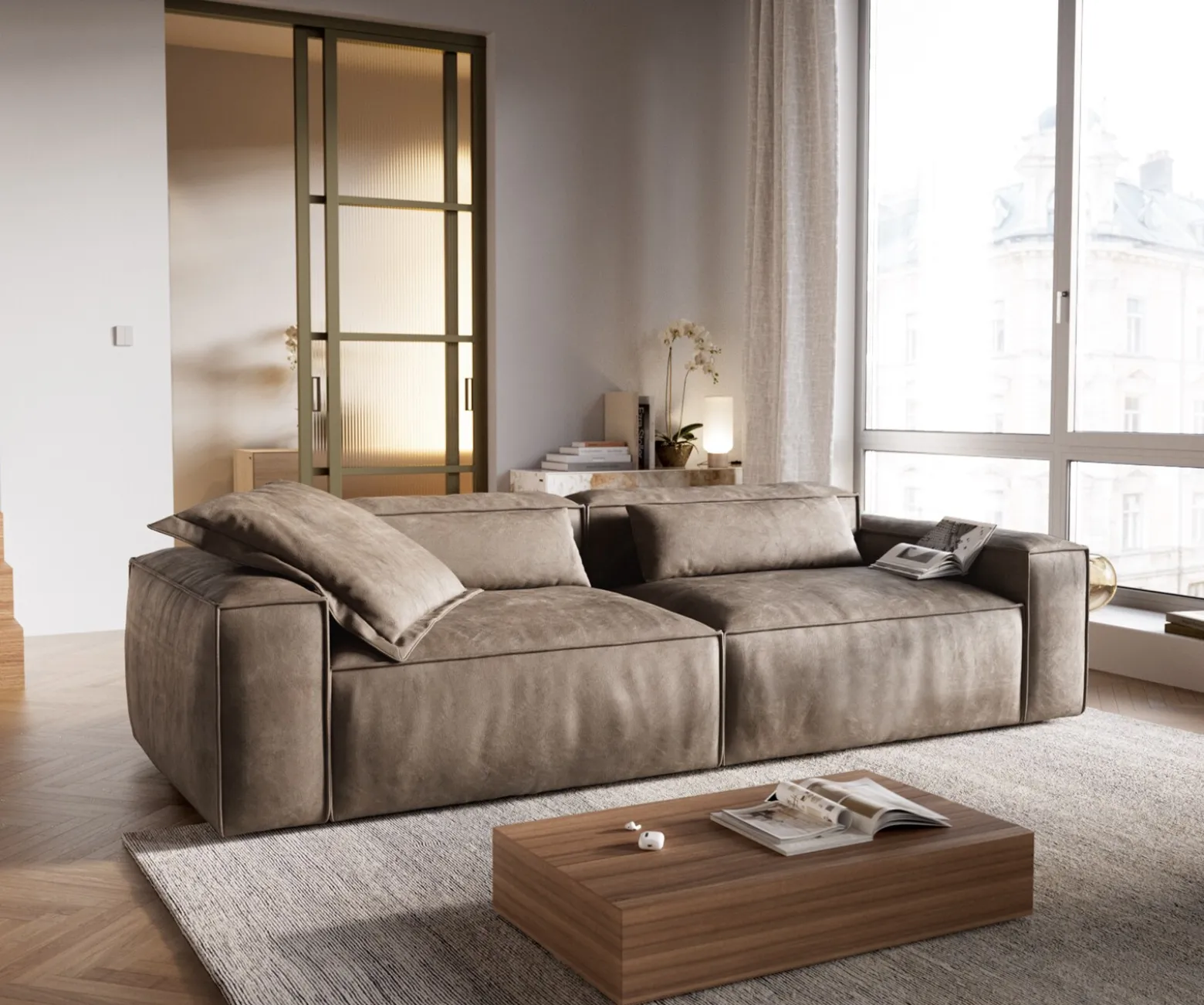 Big-SofaFreestyle Cozy 280x110 cm Mikrofaser Taupe Vintage Versandfertig ca. 07.11.26