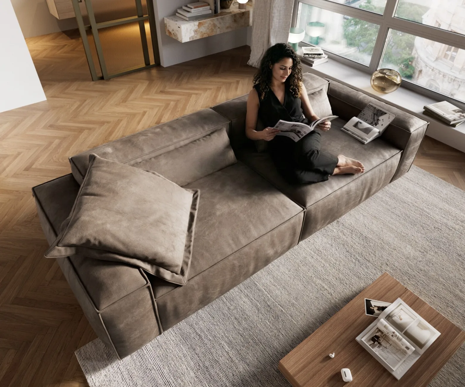 Big-SofaFreestyle Cozy 280x110 cm Mikrofaser Taupe Vintage Versandfertig ca. 07.11.26