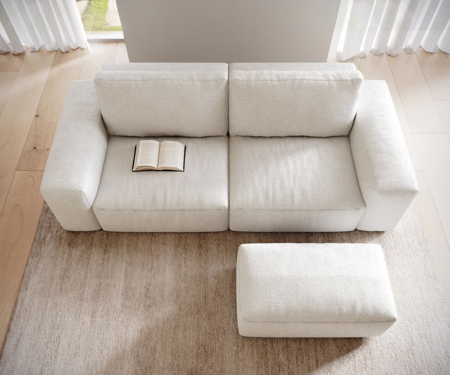 Big-SofaLanzo 230x95 cm Bouclé Creme-Weiß mit Hocker Sofort versandfertig