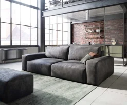 Big-SofaLanzo 230x95 cm Lederimitat Vintage Anthrazit mit Hocker Sofort versandfertig