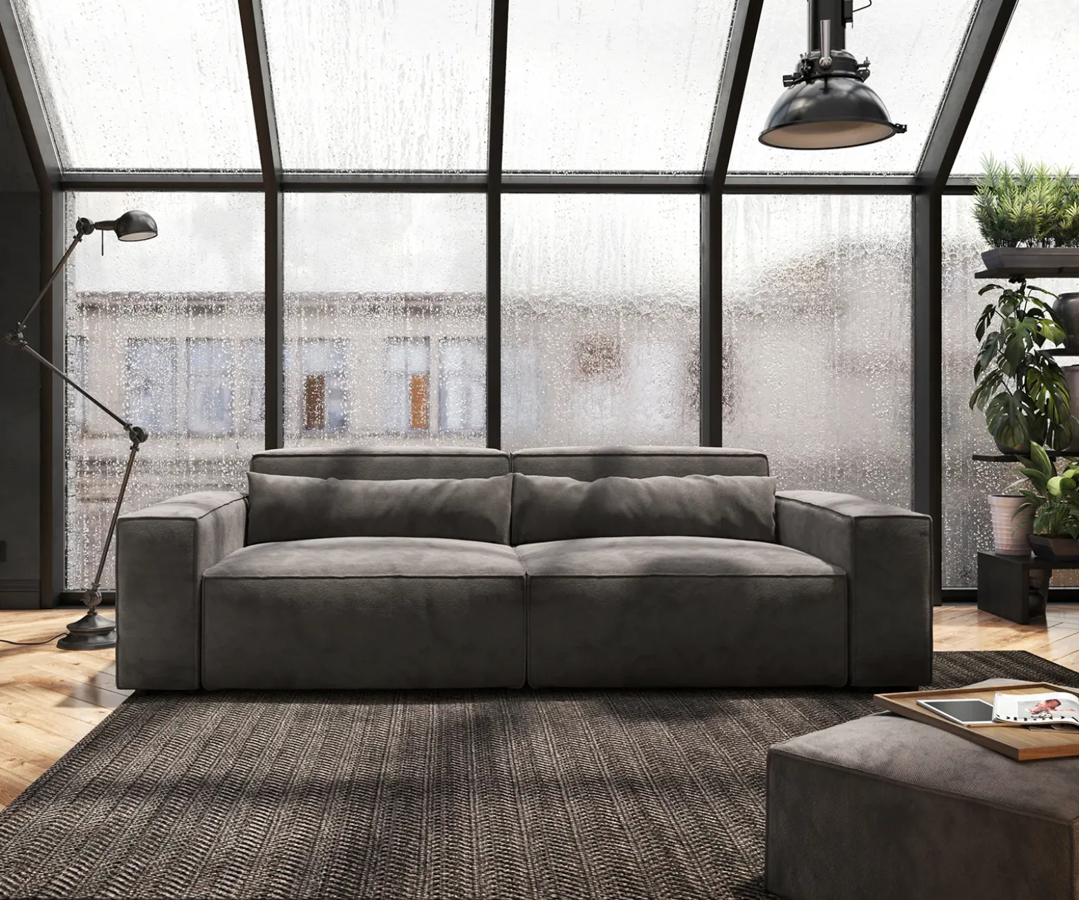 Big-SofaSirpio 230x95 cm Mikrofaser Khakibraun mit Hocker Sofort versandfertig