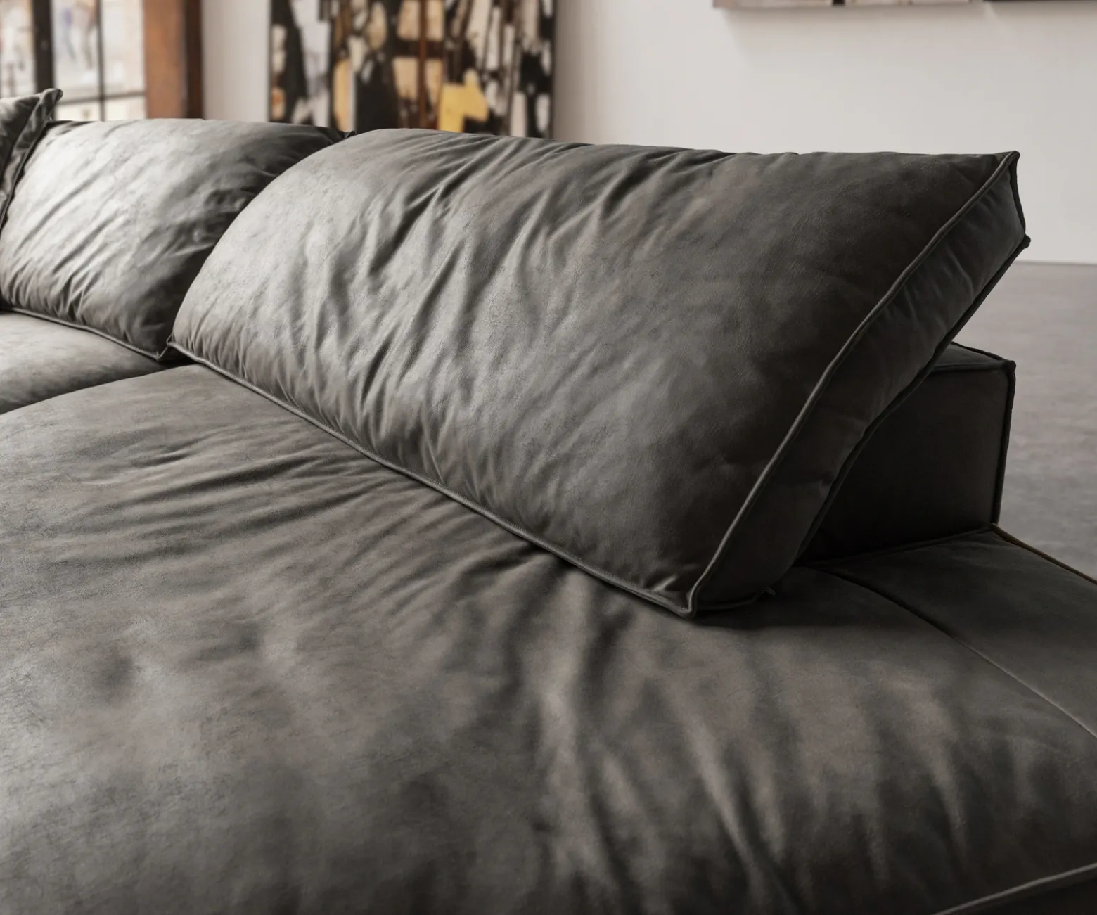 Big-SofaSnoosh 400x150 cm Mikrofaser Schwarz Vintage Recamiere rechts Sofort versandfertig