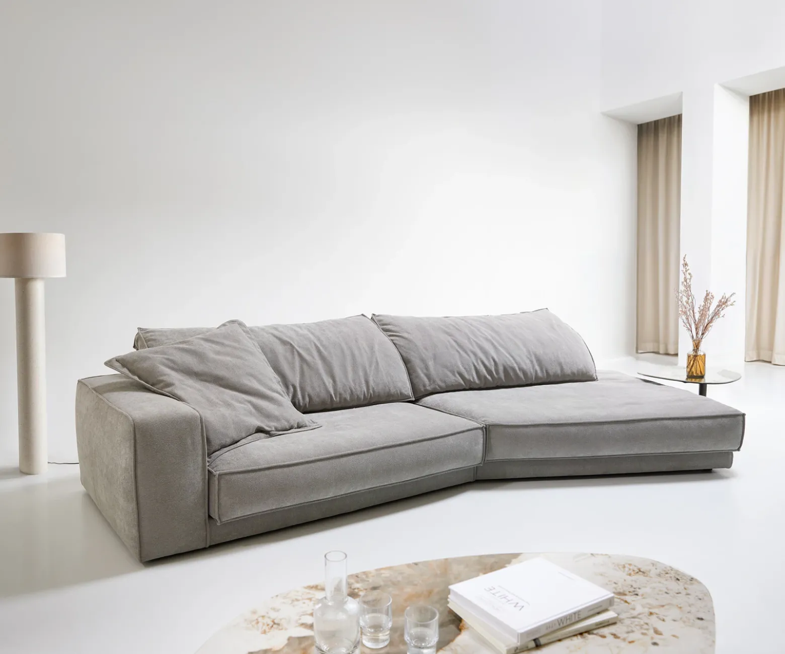 Big-SofaSnoosh 400x150 cm Strukturstoff Soft Grau Recamiere rechts Sofort versandfertig