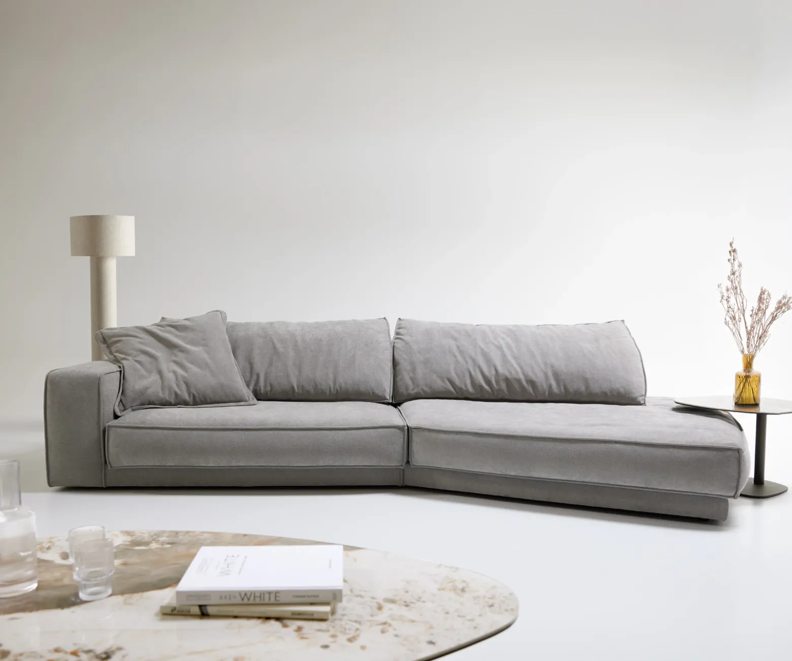 Big-SofaSnoosh 400x150 cm Strukturstoff Soft Grau Recamiere rechts Sofort versandfertig