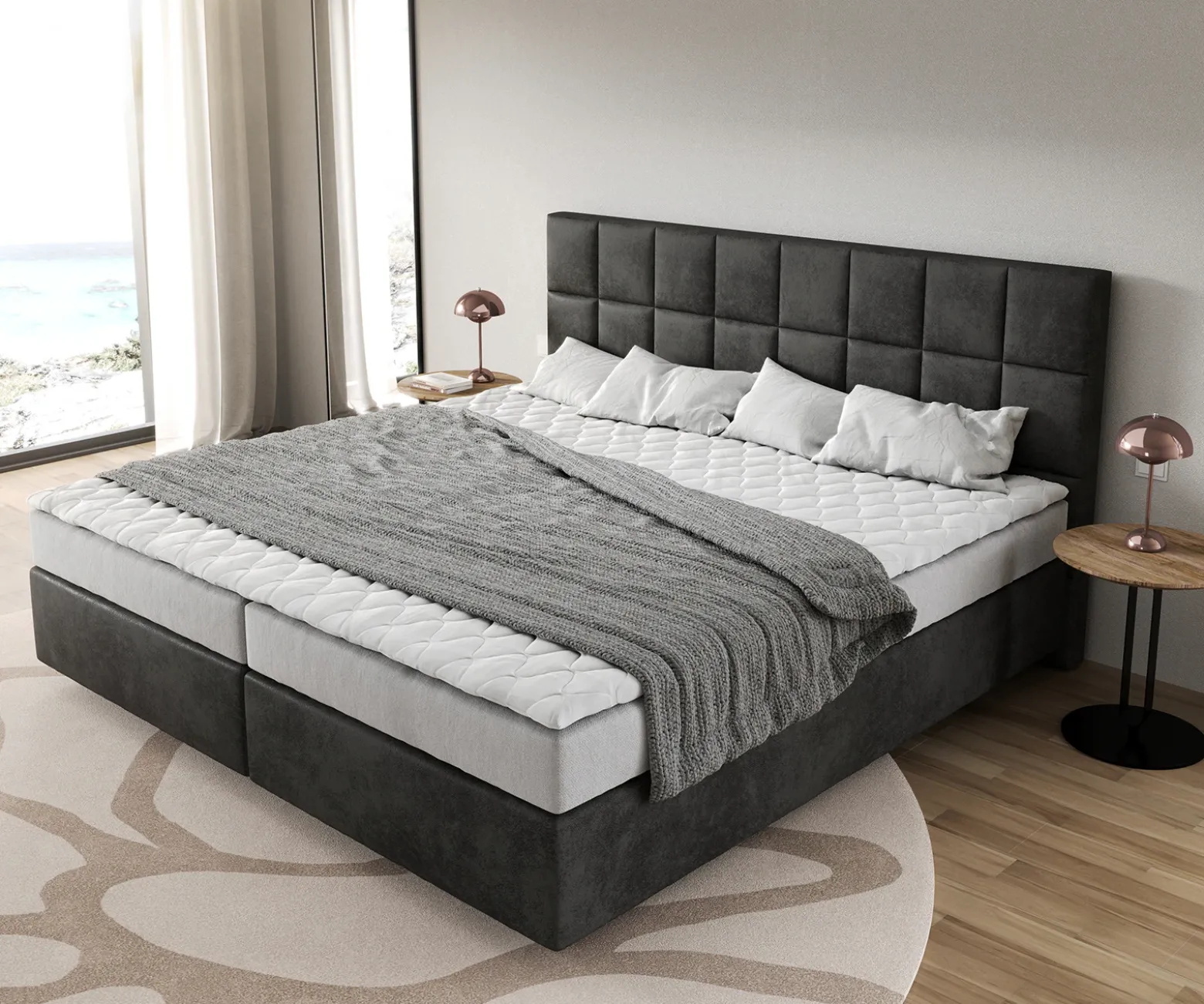 BoxspringbettDream-Fine Mikrofaser Anthrazit Vintage 200x200 cm Bonell-Matratze PU-Topper Sofort versandfertig