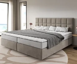 BoxspringbettDream-Fine Mikrofaser Beige 200x200 cm Bonell-Matratze PU-Topper Sofort versandfertig