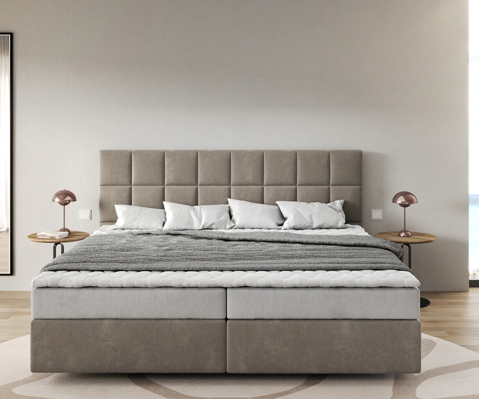 BoxspringbettDream-Fine Mikrofaser Beige 200x200 cm Bonell-Matratze PU-Topper Sofort versandfertig
