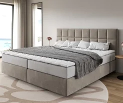 BoxspringbettDream-Fine Mikrofaser Beige 200x200 cm mit Taschenfederkernmatratze und Topper Visco Sofort versandfertig