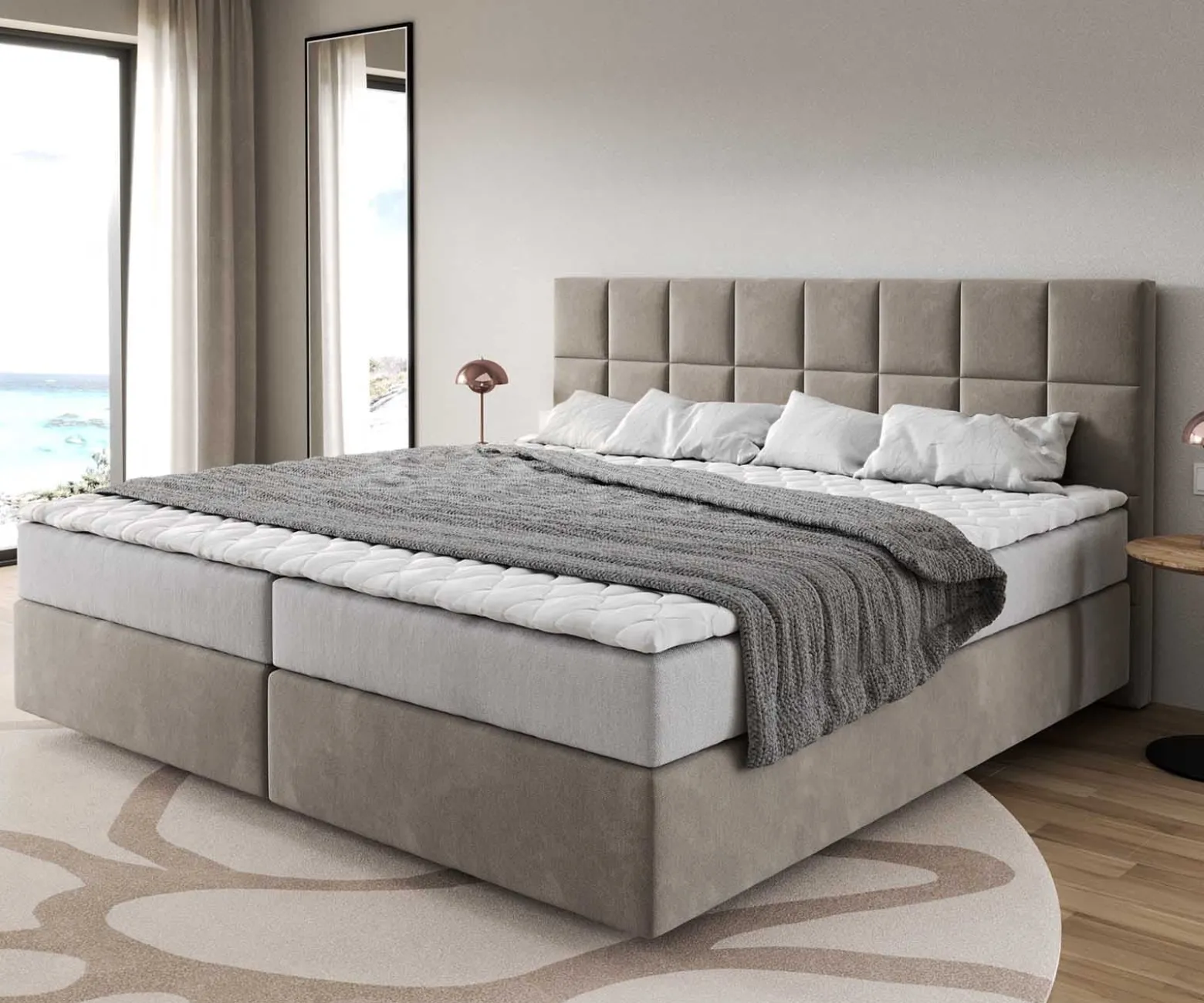 BoxspringbettDream-Fine Mikrofaser Beige 200x200 cm mit Taschenfederkernmatratze und Topper Visco Sofort versandfertig