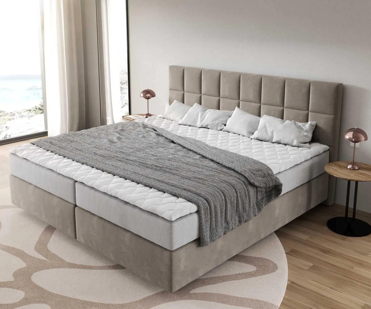 BoxspringbettDream-Fine Mikrofaser Beige 200x200 cm mit Taschenfederkernmatratze und Topper Visco Sofort versandfertig
