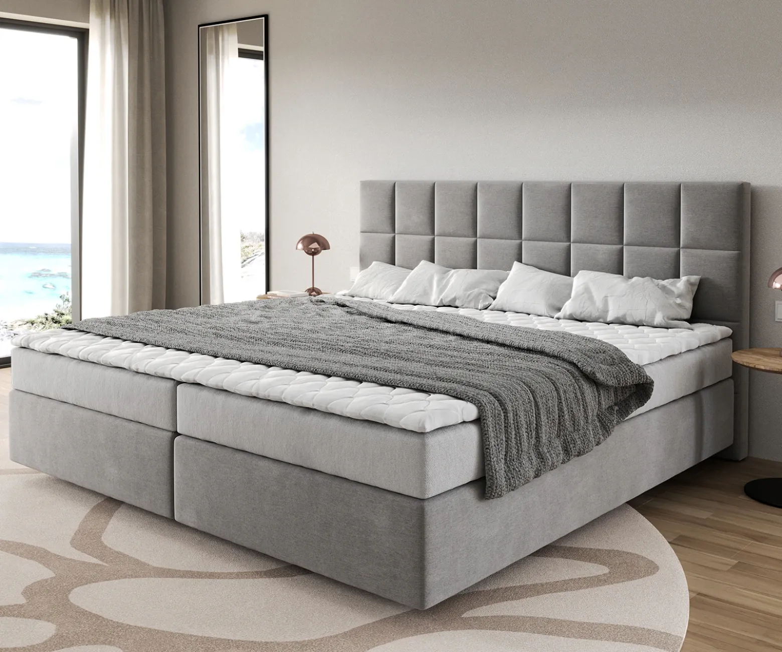 BoxspringbettDream-Fine Mikrofaser Grau 200x200 cm Bonell-Matratze PU-Topper Sofort versandfertig