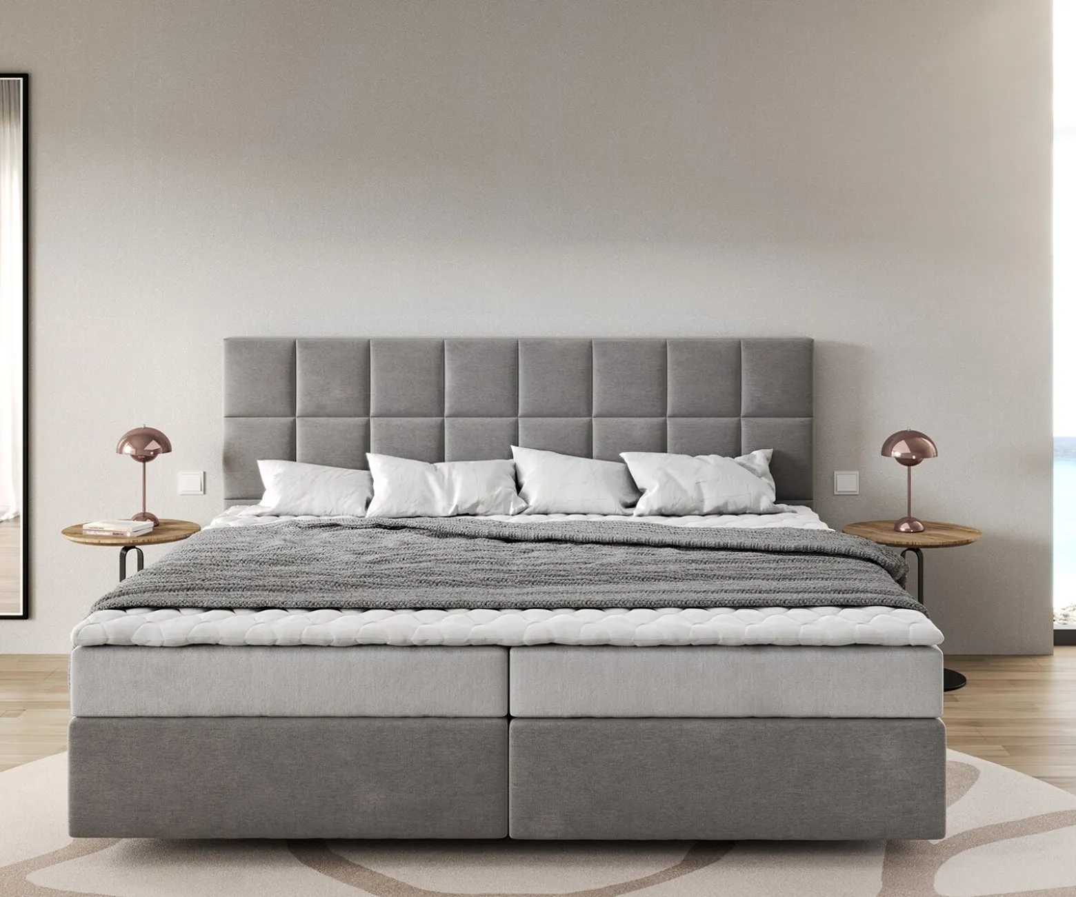 BoxspringbettDream-Fine Mikrofaser Grau 200x200 cm Bonell-Matratze PU-Topper Sofort versandfertig