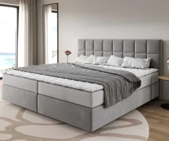 BoxspringbettDream-Fine Mikrofaser Grau 200x200 cm mit Taschenfederkernmatratze und Topper Visco Sofort versandfertig