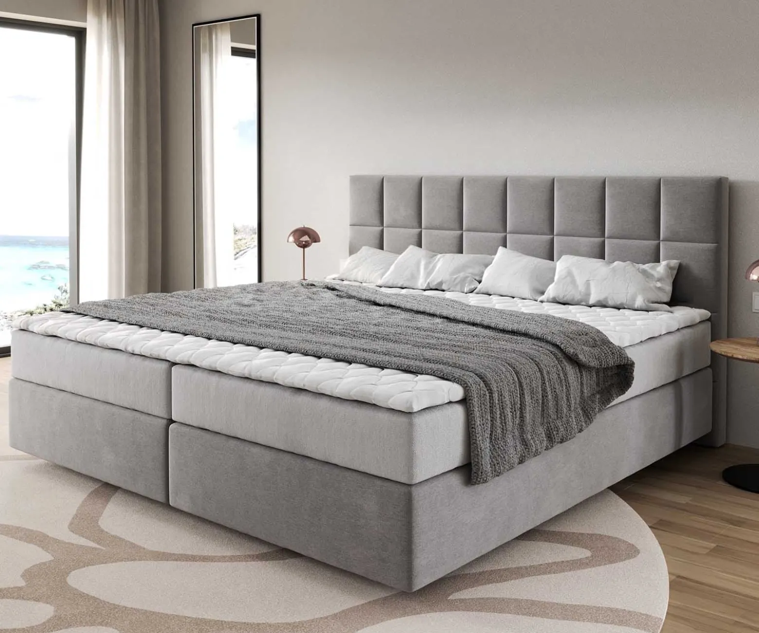 BoxspringbettDream-Fine Mikrofaser Grau 200x200 cm mit Taschenfederkernmatratze und Topper Visco Sofort versandfertig