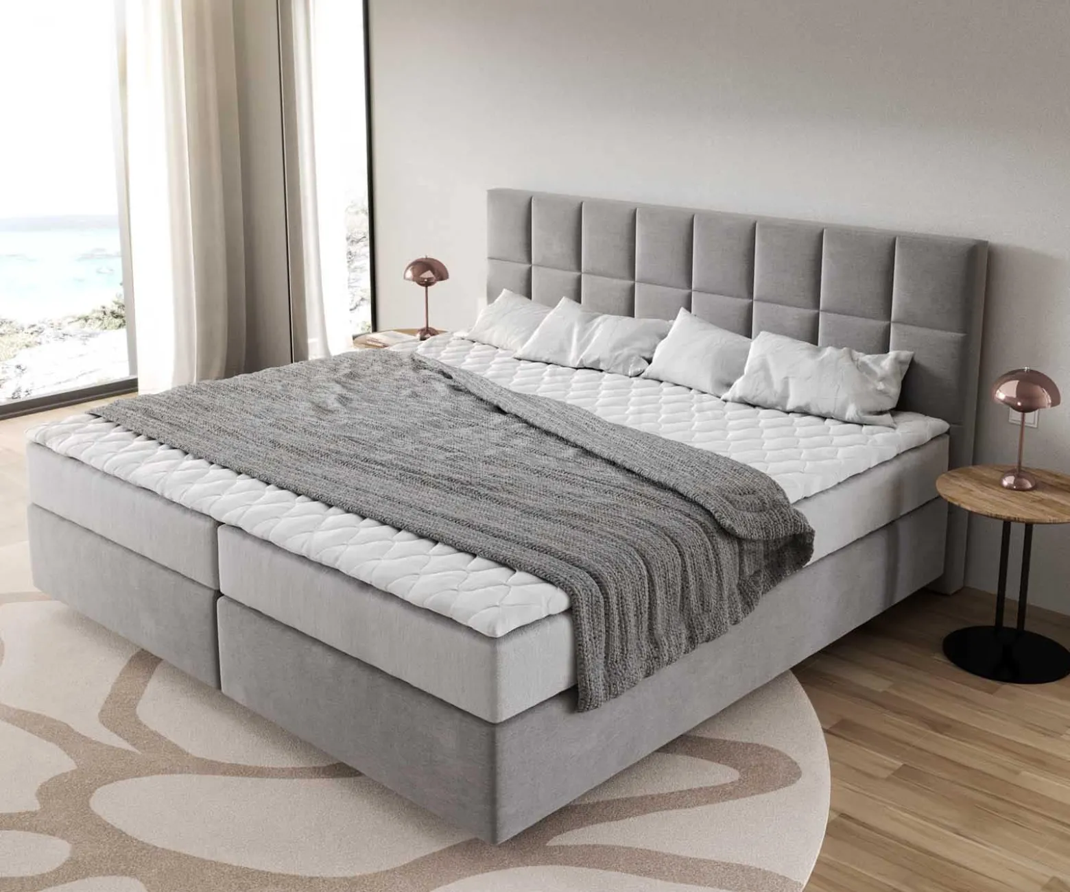 BoxspringbettDream-Fine Mikrofaser Grau 200x200 cm mit Taschenfederkernmatratze und Topper Visco Sofort versandfertig