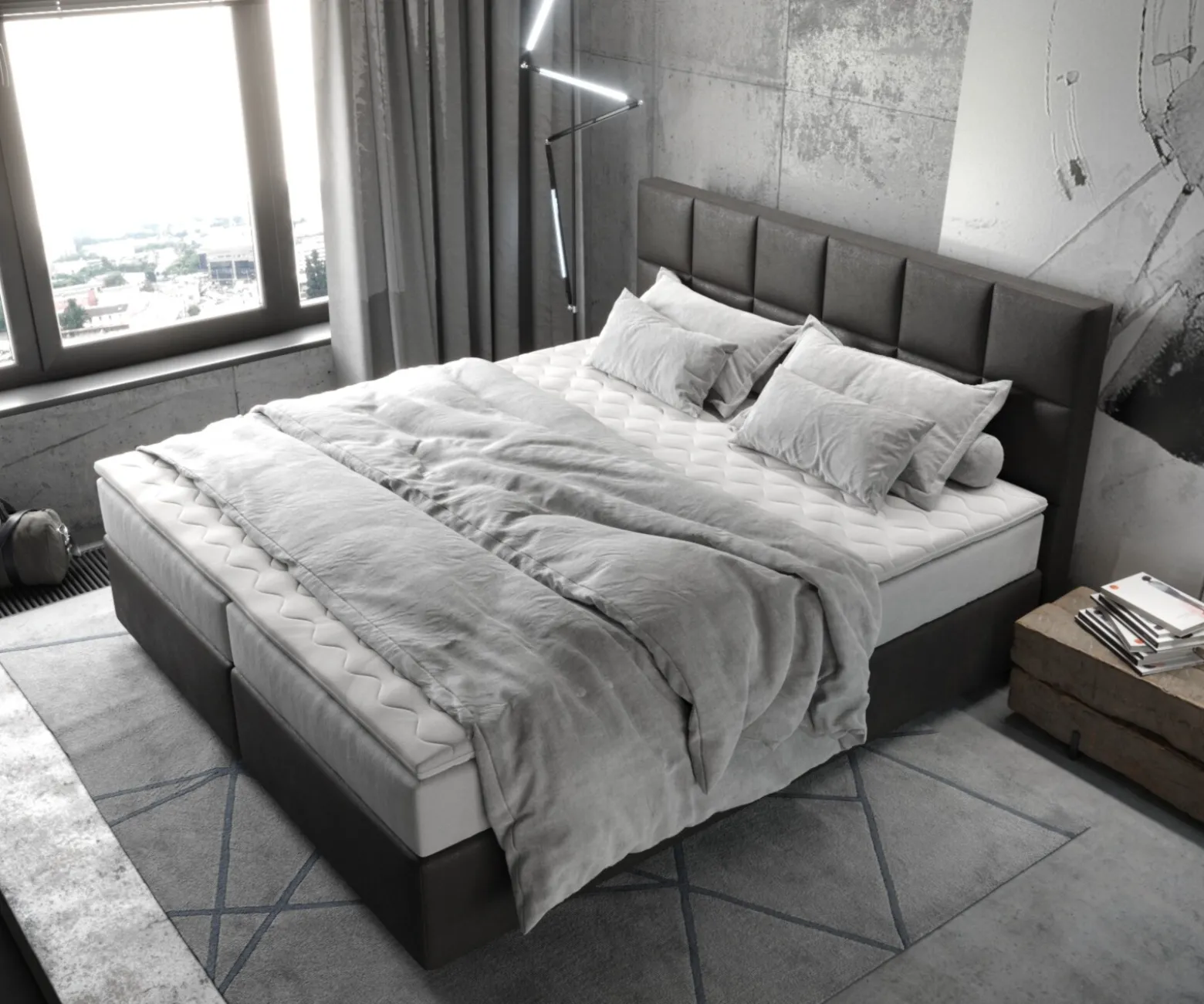 BoxspringbettDream-Fine 180x200 cm Mikrofaser Anthrazit Vintage mit TFK Matratze und Visco Topper Sofort versandfertig