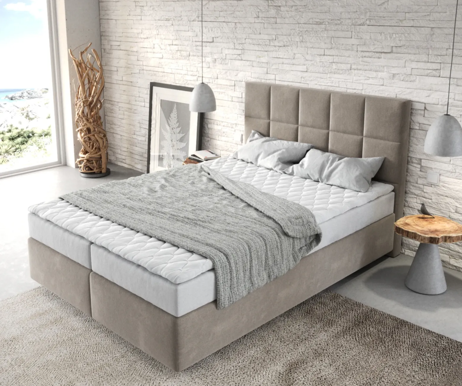 BoxspringbettDream-Fine 140x200 cm Mikrofaser Beige mit Matratze und Topper Sofort versandfertig
