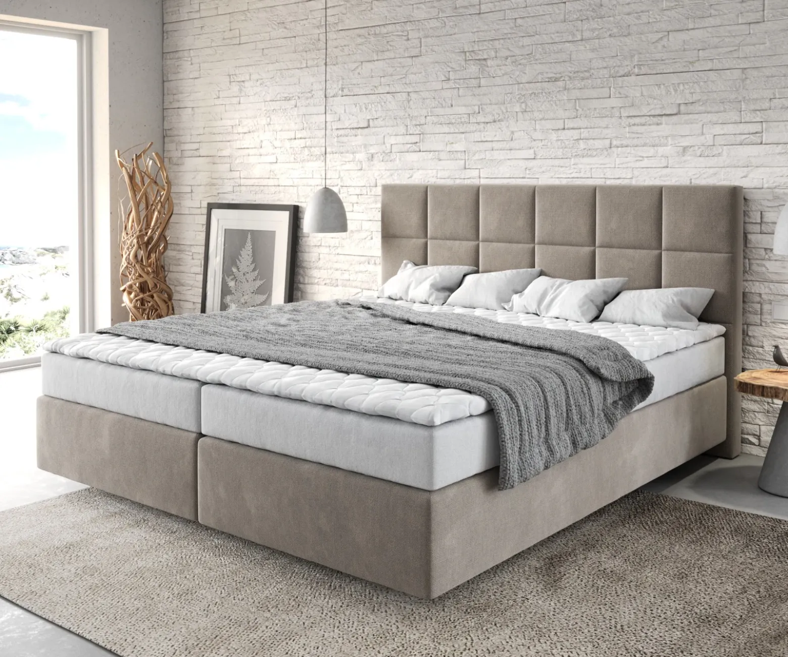 BoxspringbettDream-Fine 180x200 cm Mikrofaser Beige mit Matratze und Topper Sofort versandfertig