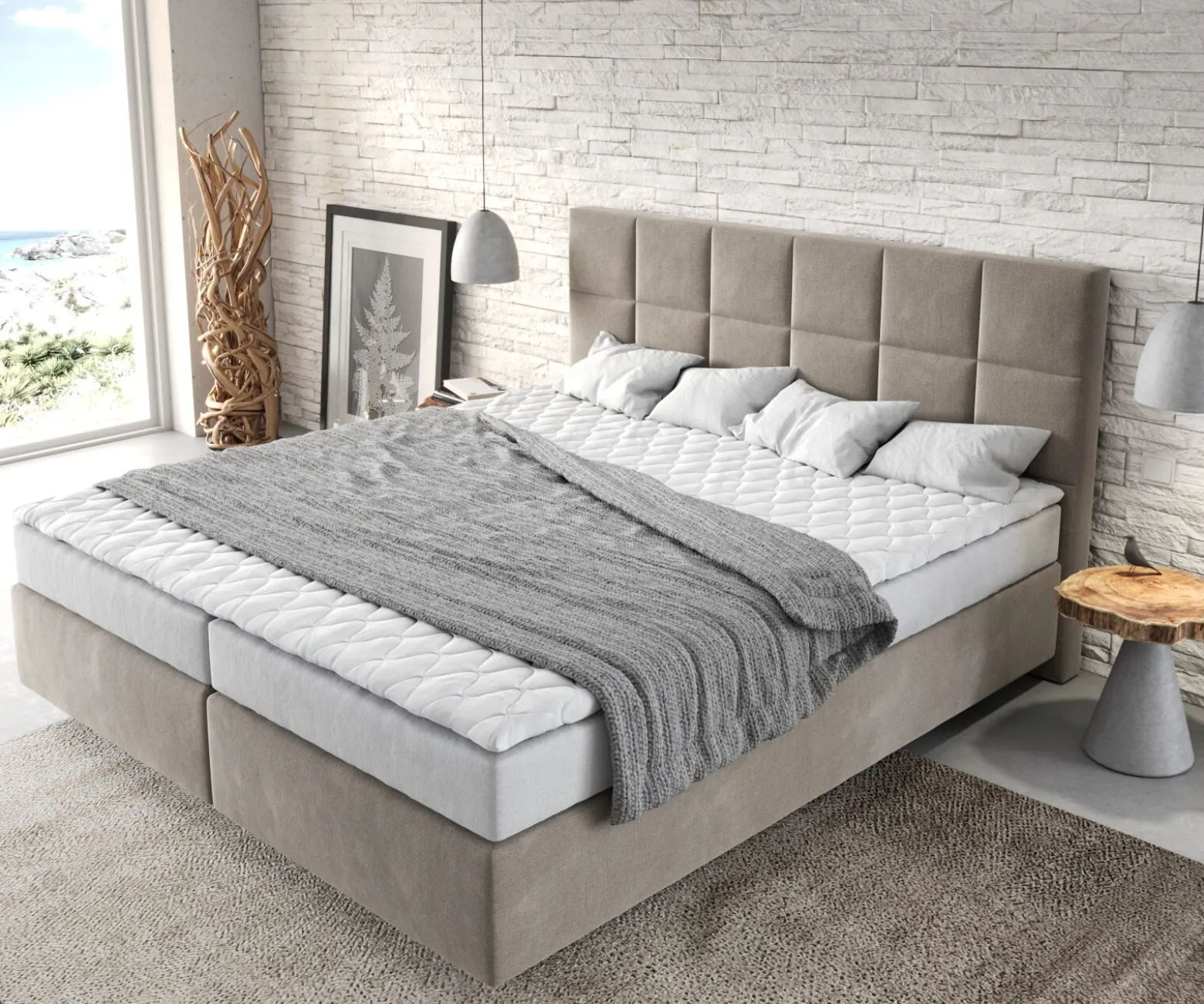 BoxspringbettDream-Fine 180x200 cm Mikrofaser Beige mit Matratze und Topper Sofort versandfertig