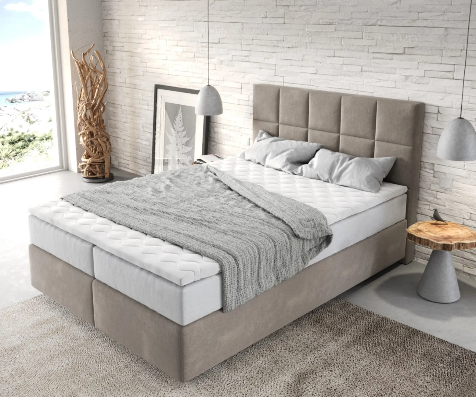 BoxspringbettDream-Fine 140x200 cm Mikrofaser Beige mit TFK Matratze und Visco Topper Sofort versandfertig