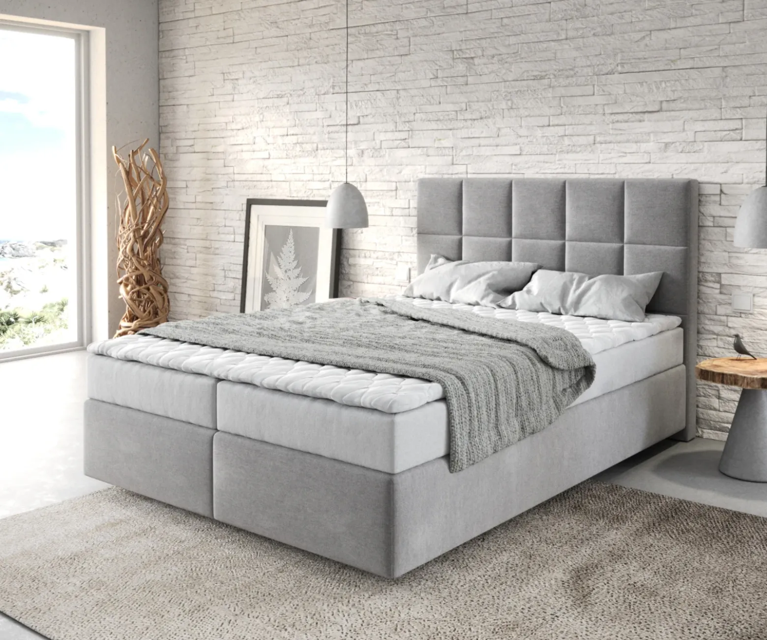 BoxspringbettDream-Fine 140x200 cm Mikrofaser Grau mit Matratze und Topper Sofort versandfertig
