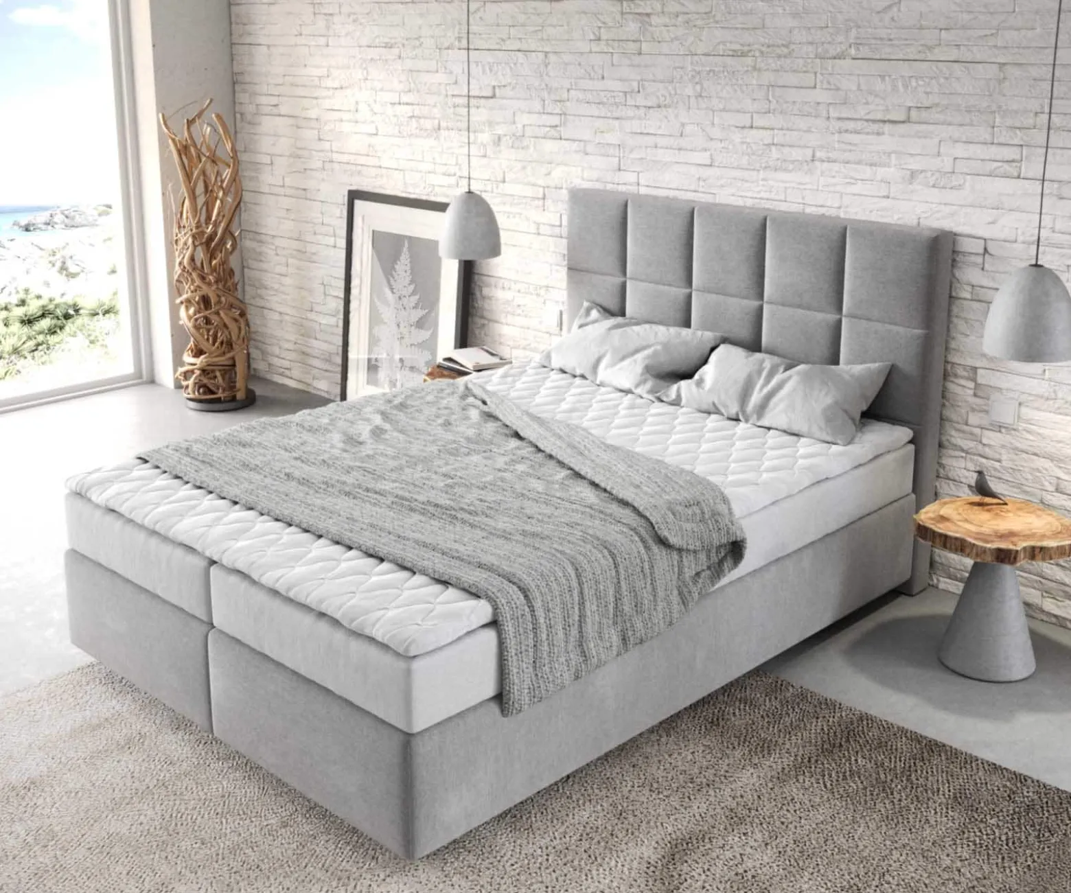 BoxspringbettDream-Fine 140x200 cm Mikrofaser Grau mit Matratze und Topper Sofort versandfertig