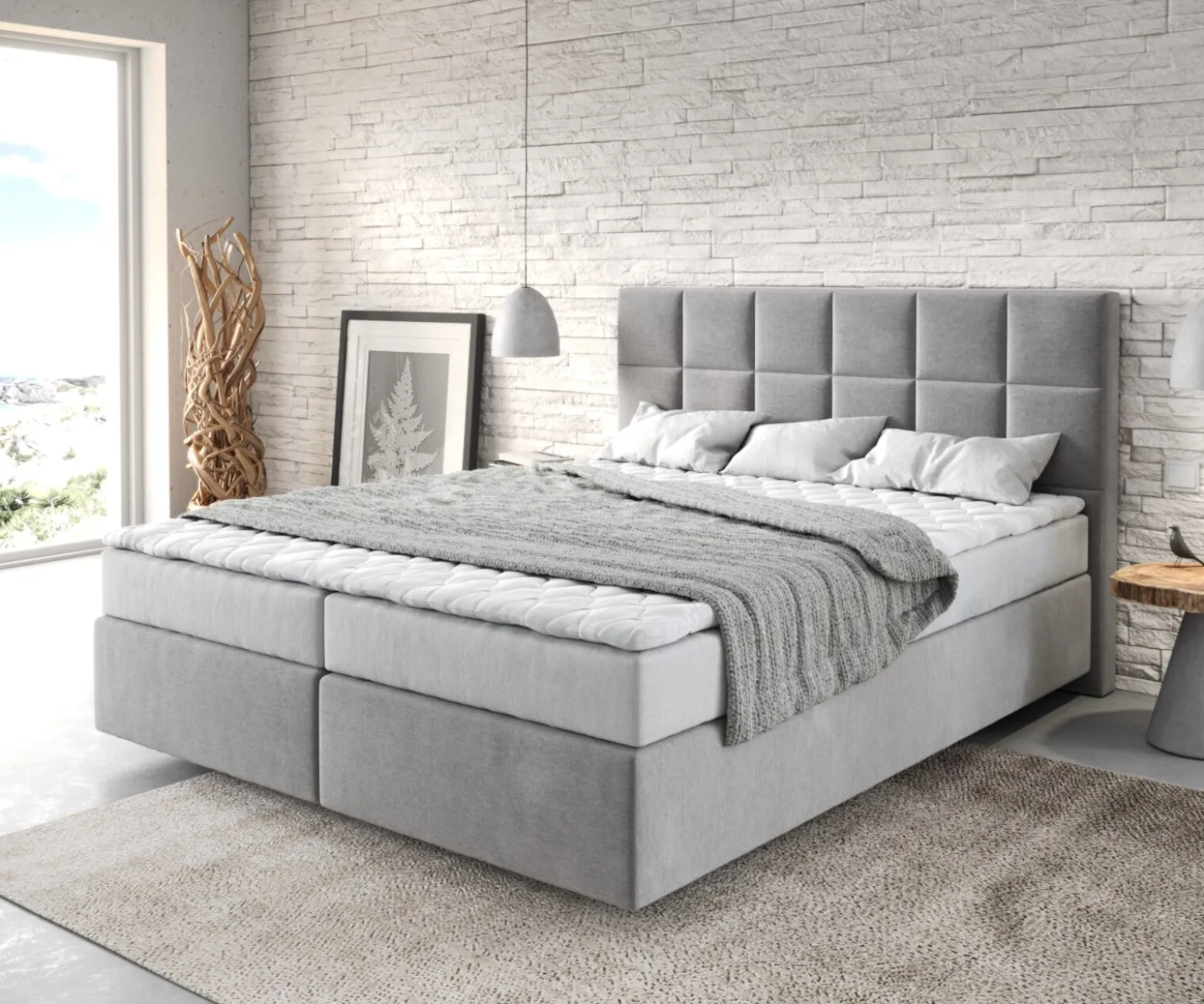 BoxspringbettDream-Fine 160x200 cm Mikrofaser Grau mit Matratze und Topper Sofort versandfertig