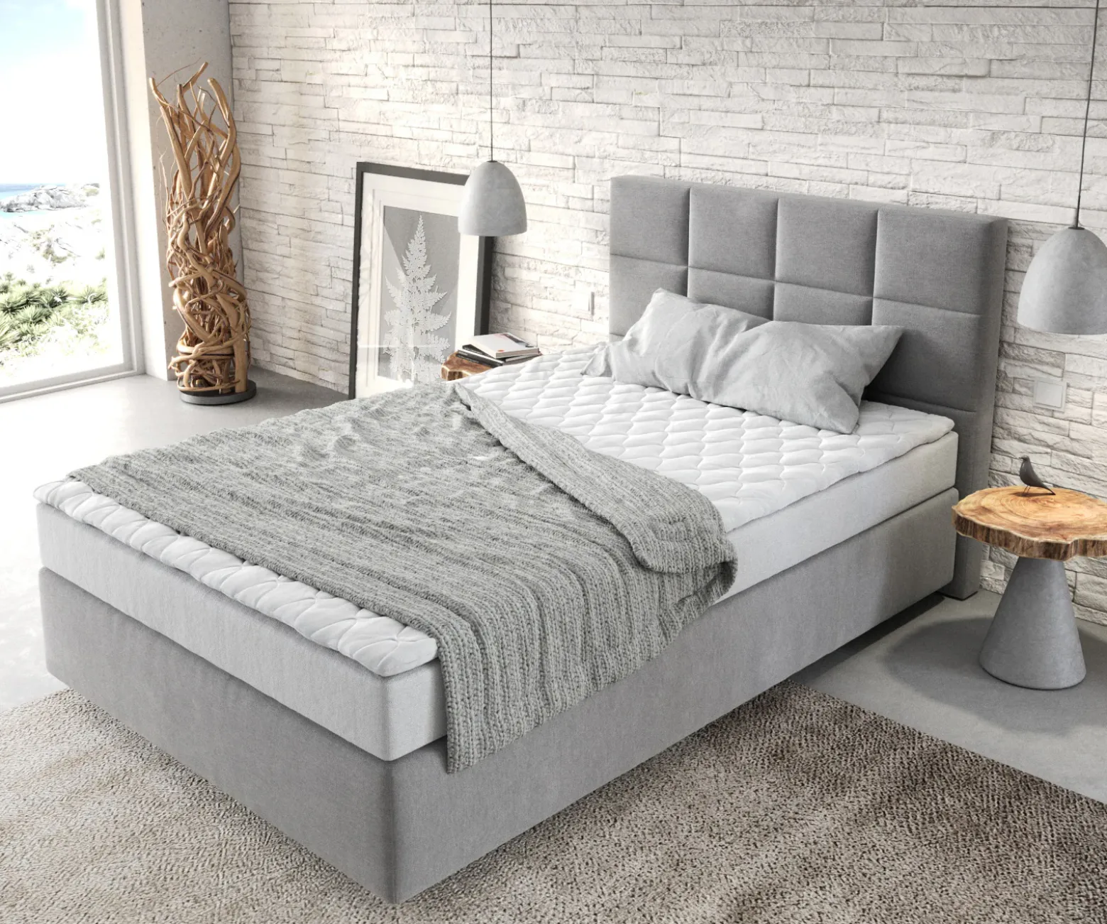 BoxspringbettDream-Fine 120x200 cm Mikrofaser Grau mit Matratze und Topper Sofort versandfertig