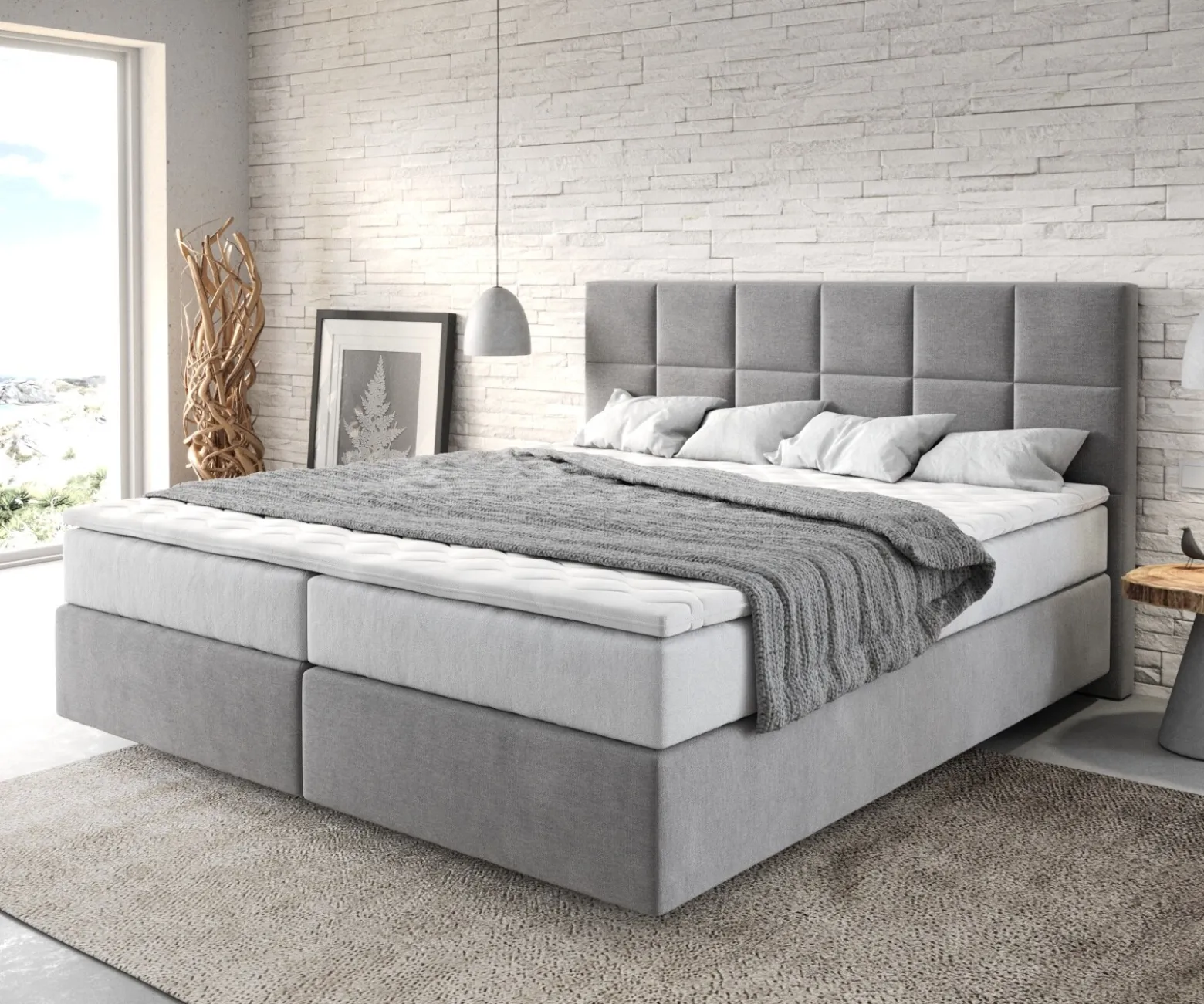 BoxspringbettDream-Fine 180x200 cm Mikrofaser Grau mit TFK Matratze und Visco Topper Sofort versandfertig