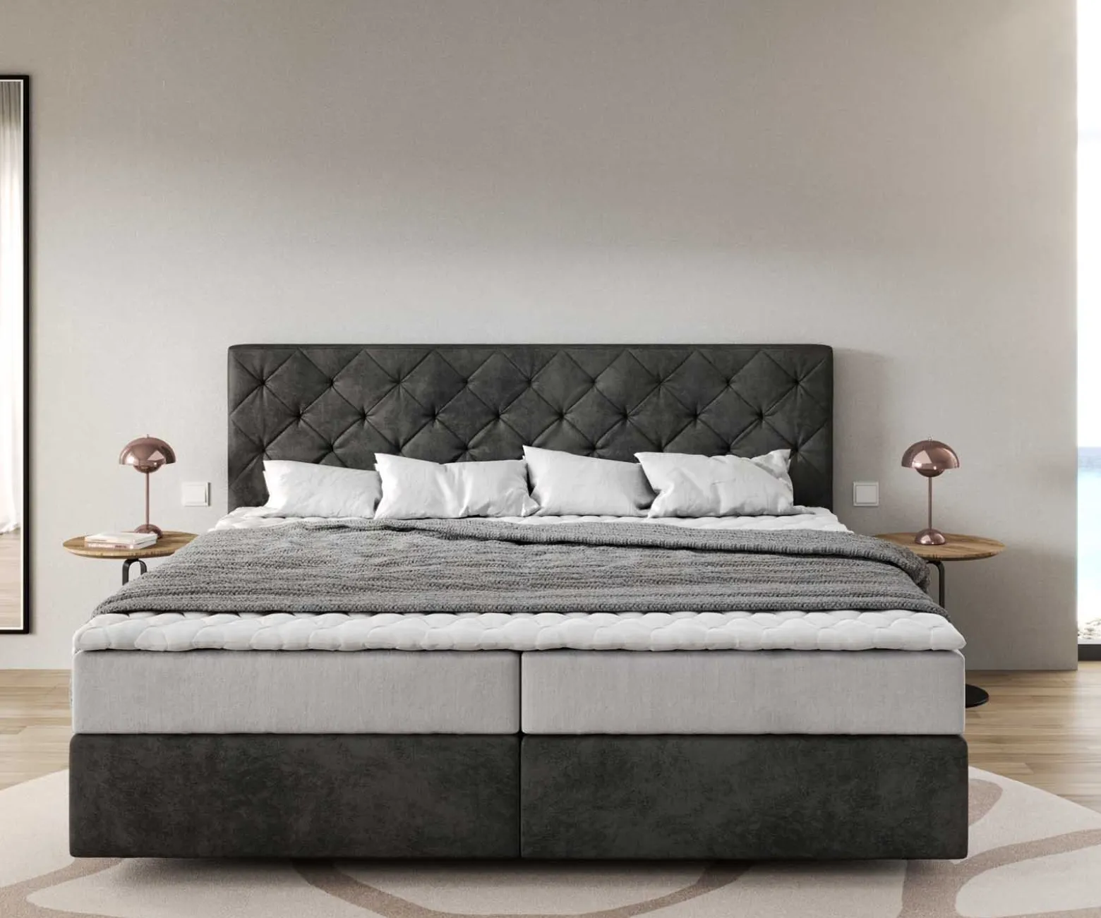 BoxspringbettDream-Great Mikrofaser Anthrazit Vintage 200x200 cm mit Taschenfederkernmatratze und Topper Visco Sofort versandfertig