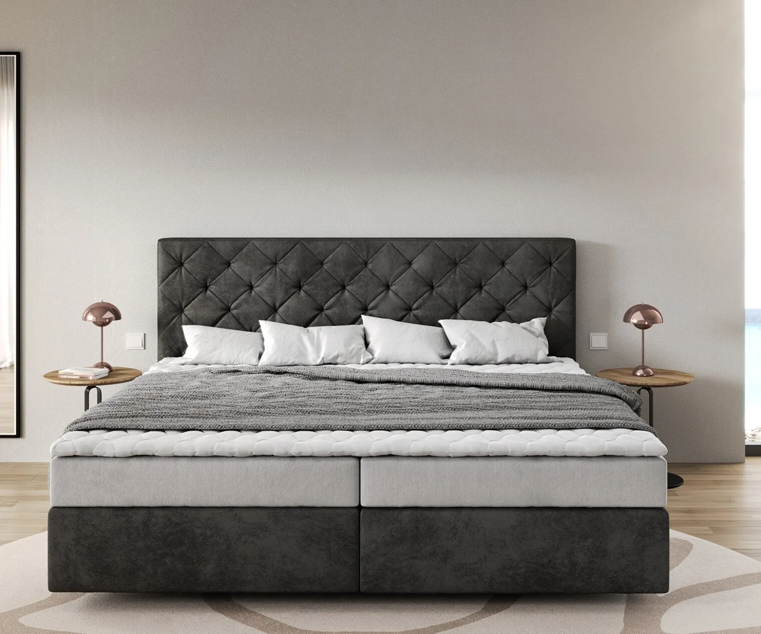 BoxspringbettDream-Great Mikrofaser Anthrazit Vintage 200x200 cm Bonell-Matratze PU-Topper Sofort versandfertig
