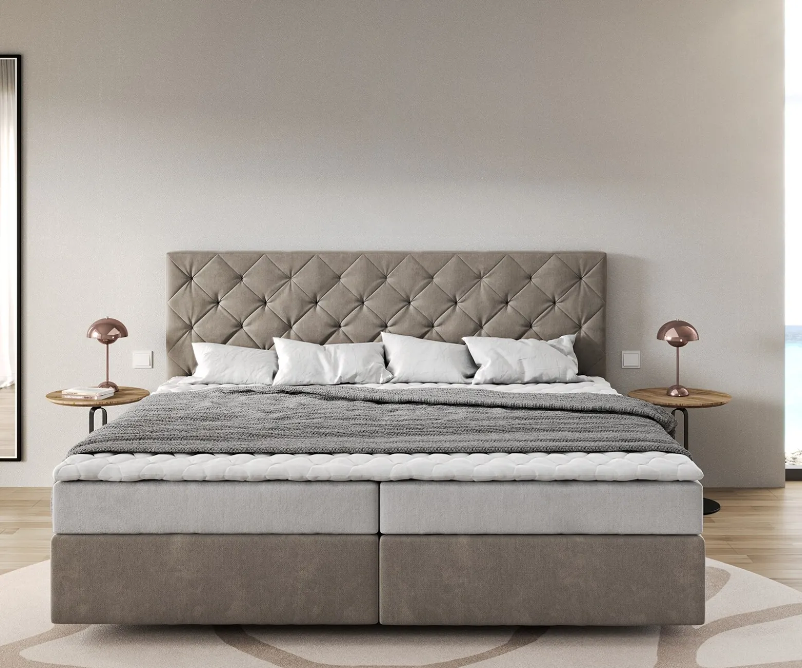 BoxspringbettDream-Great Mikrofaser Beige 200x200 cm Bonell-Matratze PU-Topper Sofort versandfertig