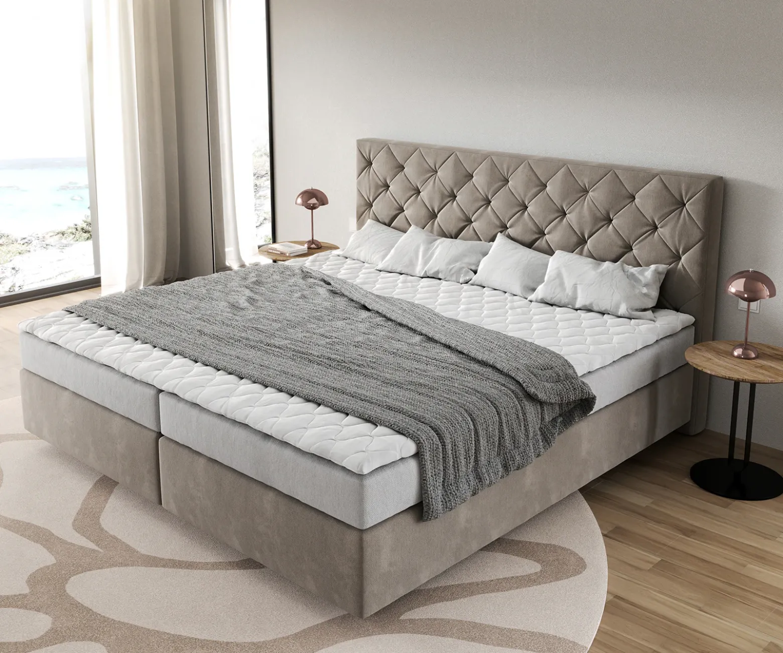BoxspringbettDream-Great Mikrofaser Beige 200x200 cm Bonell-Matratze PU-Topper Sofort versandfertig