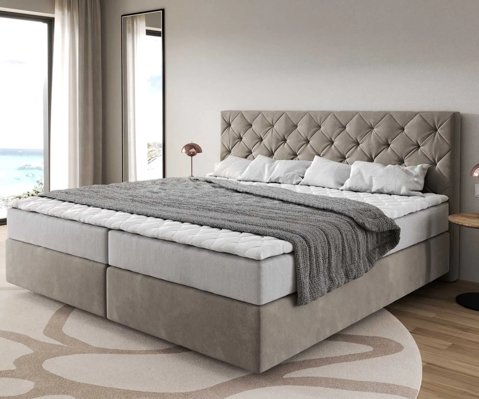 BoxspringbettDream-Great Mikrofaser Beige 200x200 cm mit Taschenfederkernmatratze und Topper Visco Sofort versandfertig