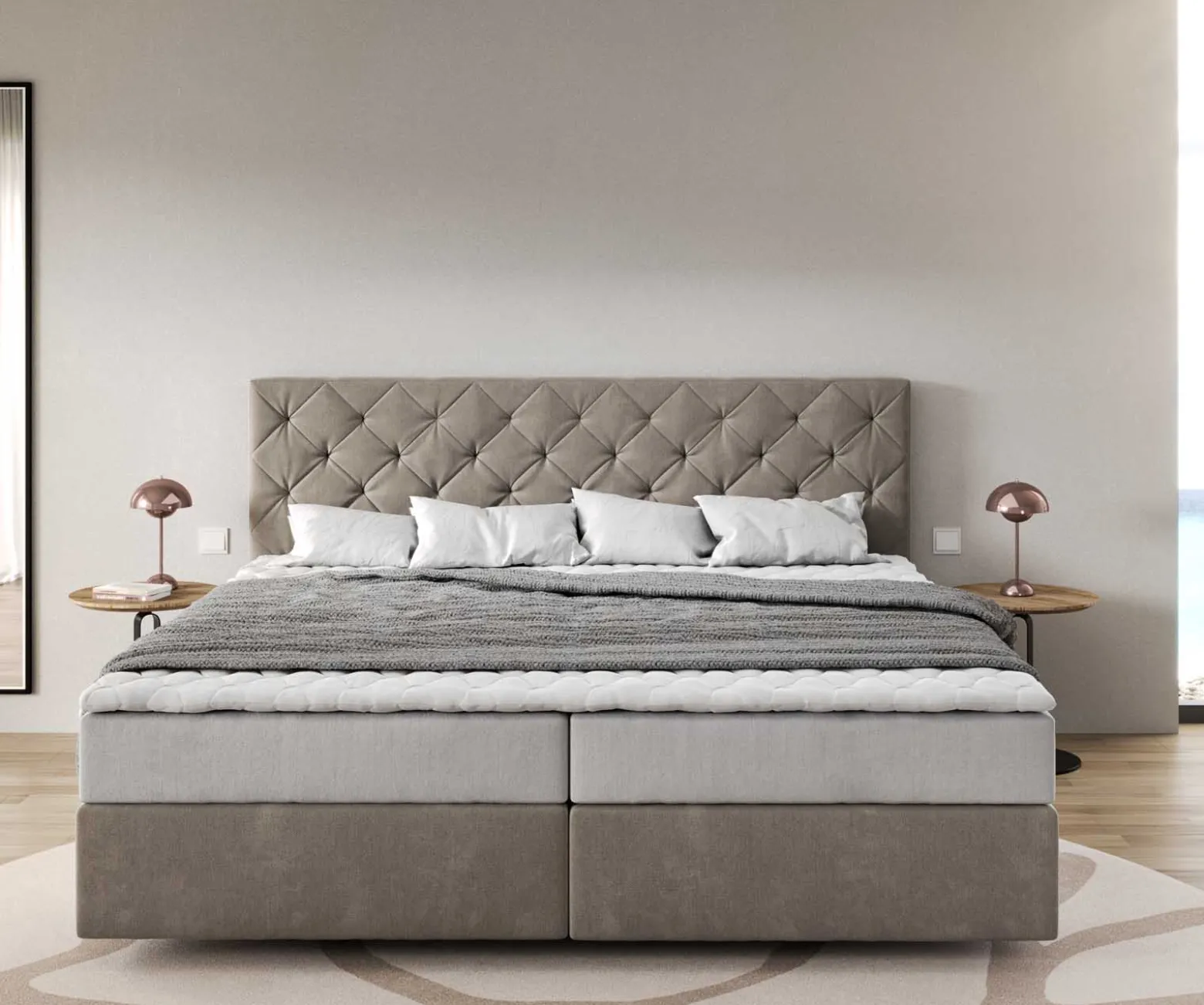 BoxspringbettDream-Great Mikrofaser Beige 200x200 cm mit Taschenfederkernmatratze und Topper Visco Sofort versandfertig
