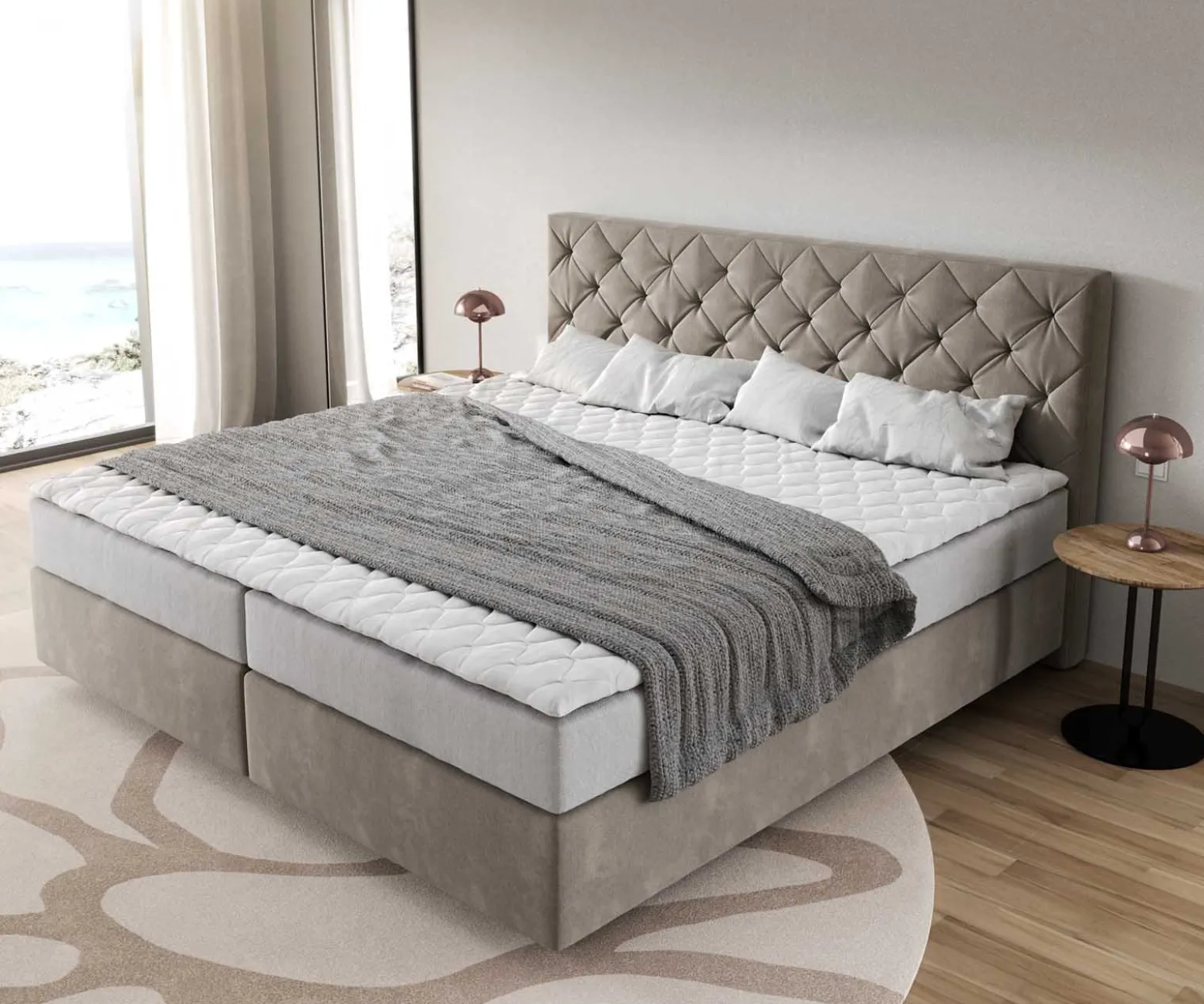 BoxspringbettDream-Great Mikrofaser Beige 200x200 cm mit Taschenfederkernmatratze und Topper Visco Sofort versandfertig