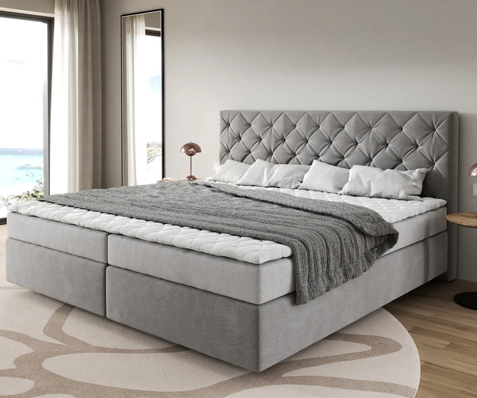 BoxspringbettDream-Great Mikrofaser Grau 200x200 cm Bonell-Matratze PU-Topper Sofort versandfertig